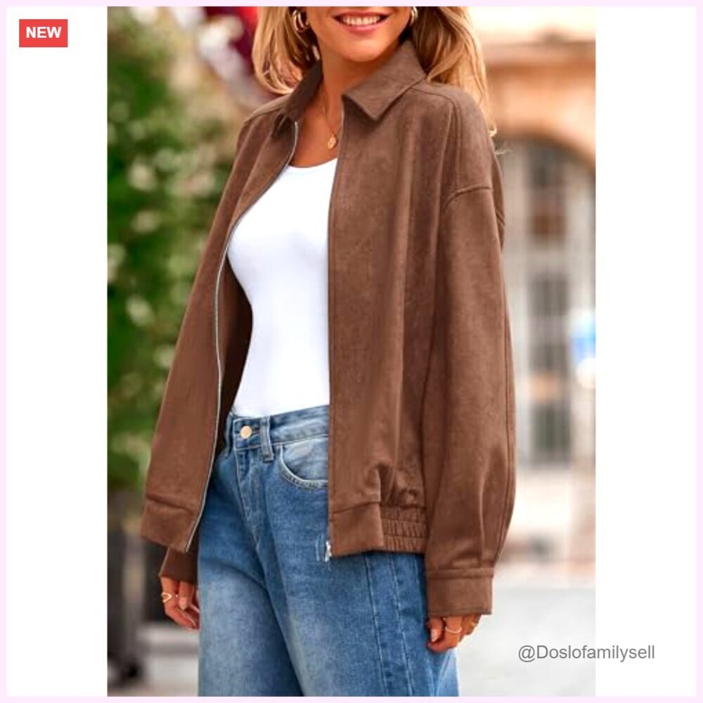 Oversized Faux Suede Bomber Jacket Women's Zip Up Winter Outerwear Coats - Picture 3 of 7
